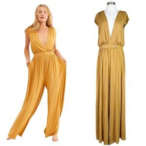 Free People | Naomi FP Beach Mustard Yellow Wide Leg Boho V Neck Jumpsuit M